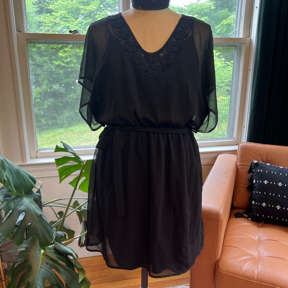 *PLUS SIZE* Black Sheer Belted Dress W/Liner